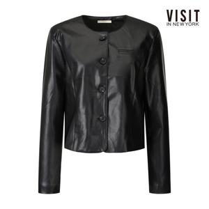 [비지트인뉴욕]노카라 라운드넥 버튼 페이크 레더 자켓 V63JK03