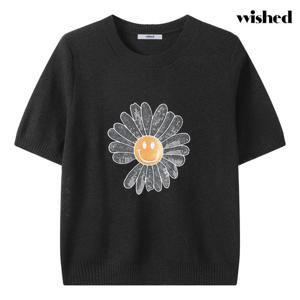 [위시드]스마일 플라워 스팽글 라운드 반팔 니트 (WIDBNT007)