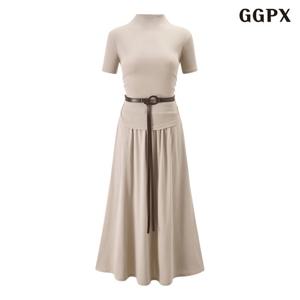 GGPX 베이직 무지 슬림핏 벨티드 롱 반팔 원피스 (GQBOW002D)