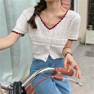 [의류] S5450 4컬러 배색 V넥 니트티 반팔 뜨개 미니 가디건