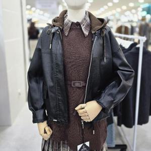 부루앤쥬디 sh06 니트 후드 가죽 절개 점퍼 BBRKJP106B