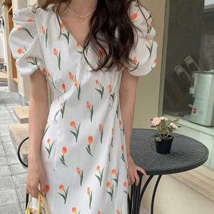 슈팅스타 / V넥 퍼프소매 슬리브  튤립패턴 원피스 209658