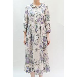 [비꼴리끄]린넨 프린트 라운드 카라 칠부 원피스 B242WO3230