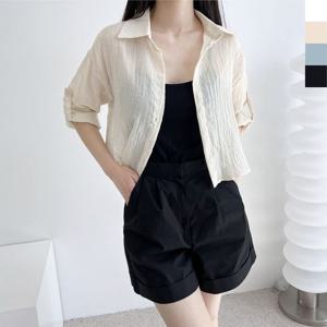 KQQ 77146 여자 여름시스루 긴팔 롤업 크롭셔츠