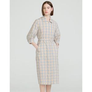 닥스 여성 25SS 시어서커베이지 체크 벨티드 7부 원피스 DLDR5BE31I2