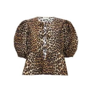 가니 레오파드 프린트 팝린 페플럼 타이 블라우스 F91166488 943 TP934878345