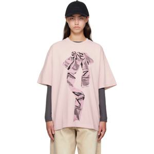 26 SS 아크네 여성 핑크 리본 프린트 티셔츠 252129F110056
