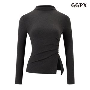 [지지피엑스]반하이넥 옆 셔링 버튼 긴팔 티셔츠 (GPDLW002D)