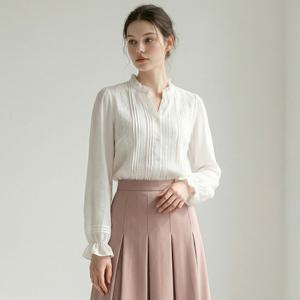 FOCUS  프릴 넥 핀턱 레이스 블라우스 PBVFF6S1BL5081