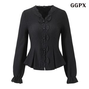 [지지피엑스]핀턱 자가드 레이스 V넥 블라우스 (GQABA012D)