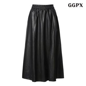[지지피엑스]페미닌 허리 밴딩 플레어 롱 레더 스커트 (GODWH003D)