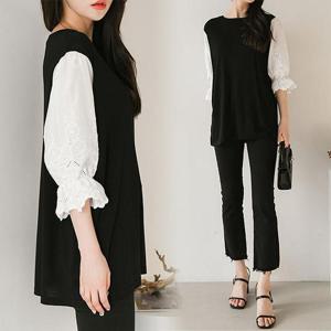 [강물처럼]위쉬몰 BN 펀칭레이스소매반팔티(E148H408) 빅사이즈