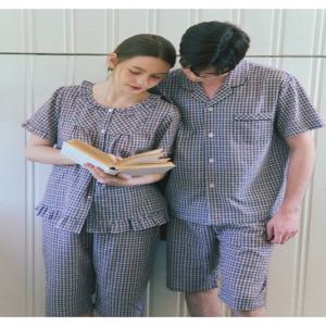 비너스 란제리 시원하고 가벼운 면지지미소재 선염체크 반팔 커플잠옷 VPAS202MVPAS