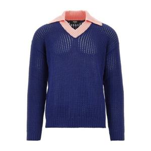 펜디 콘트라스트 리브 칼라 오픈 니트 브이넥 스웨터 FZE077 AY