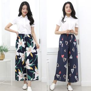 [서울양말]시원한 플라워 와이드 팬츠 여름 패턴 통바지 밴딩