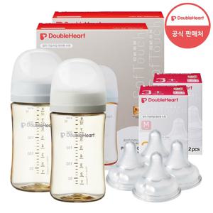 [더블하트] 3세대 240ml 모먼트 트윈팩(젖병4개/노꼭지)+젖꼭지4개