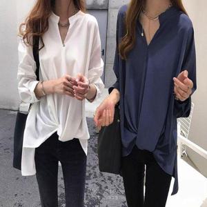 [에이치에스라이프]블라우스 셔츠 브라우스 BL 남방 루즈핏 언발라스 V넥 트임 노카라 여성