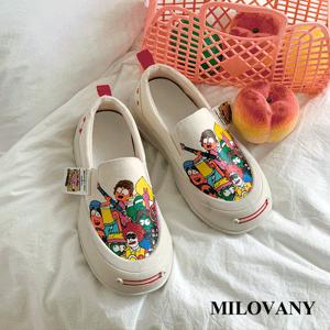 ★BEST★[밀로바니] 투니 카툰 프린팅 밴딩 쿠션 통굽 캔버스 슬립온 4cm