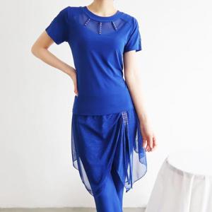 [까르죠아]까르죠아 사다리 망사 반팔 댄스 블라우스 스포츠 라인 라틴 모던 댄스복 상의 여성