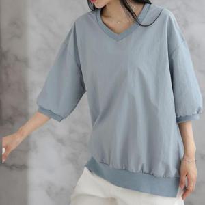 [옷자락] 여성 나일론 반팔 브이넥 슬릿 심플 여름 티셔츠