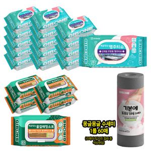 [기본에] 세균닦는 행주티슈15팩+물걸레청소포5팩+몽글몽글수세미1롤(60매)