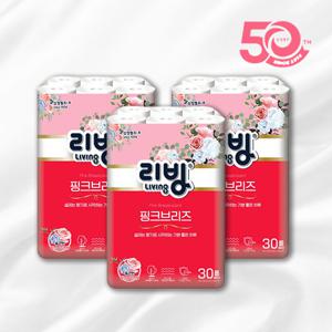 [카드전용]♥50주년 기념작♥ 리빙 핑크브리즈 3겹 천연펄프 27M 30롤 3팩