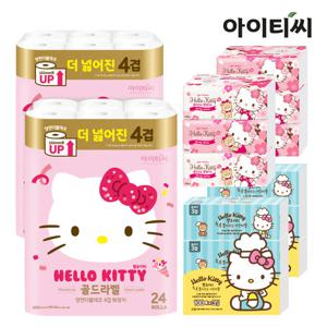 [런칭10주년] [핑크패키지] 헬로키티 골드라벨 4겹 24롤2팩+팝업티슈6팩+키친타올6팩