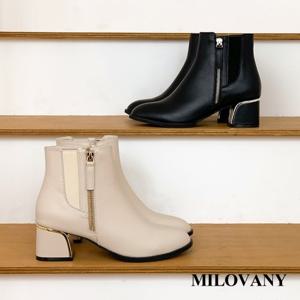 [밀로바니] (230-255) 리블랑 소가죽 둥근코 지퍼 밴딩 첼시 골드팁 통굽 쿠션 여성 앵클부츠 5cm