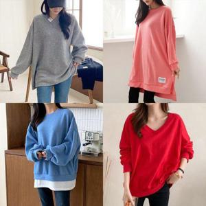 [아이우먼]봄 신상 여성 빅사이즈 맨투맨 티셔츠 레이어드브이넥