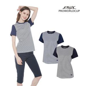 프로월드컵 Q221-3626-27 여성 라운드티셔츠 스트라이프 트레이닝 일상복 PWX