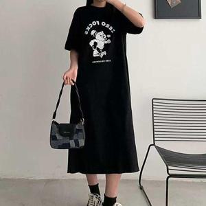 편안한 루즈핏 블랙 반팔 원피스 롱티셔츠 캐주얼 (WFK5UCR)