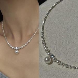 [디자이너몰]여성 진주 잔 실버 은 미니멀 초커 목걸이