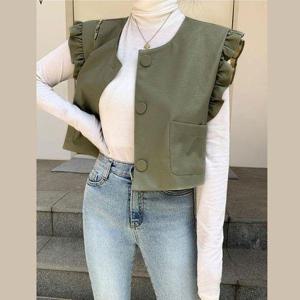 [셀러허브_여성트랜드패션]노카라 라운드넥 프릴 레더 베스트 가죽 조끼 코디 룩