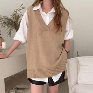 [유야]7컬러 브이넥 트임 니트 롱 조끼 레이어드 베스트 -VE0008H- 빅사이즈 루즈핏 여성 봄