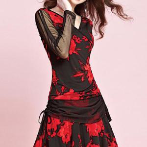 [까르죠아]레드 플라워 브이넥 블라우스 스포츠 댄스복 긴팔 여성 라인 줌바 차밍 밸리 사교 라틴