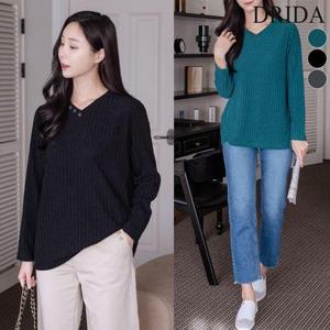 [드리다]여자 봄 가을 브이넥 빅사이즈 스판 골지 니트 티셔츠 40-50대 미시 중년여성 엄마옷 캐주얼 출..