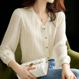 여성 봄 가을 퍼프 소매 긴팔 브이넥 니트 화이트 (WC794BE)