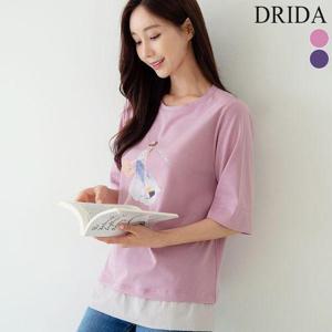 [드리다]여름 여자 반팔 스판 프린팅 배색 레이어 빅사이즈 티셔츠 40-50대 중년여성 엄마옷 미시 마담 ..