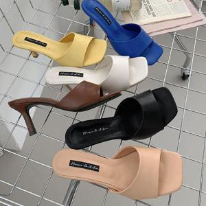 [옷자락] 여자 봄 여름 토오픈 하이힐 파랑색 노랑색 샌들 뮬