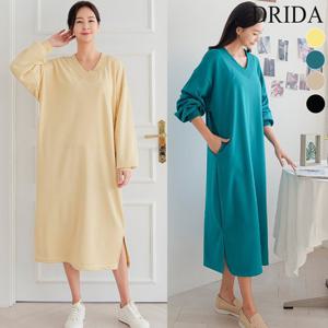 봄 가을 긴팔 브이넥 빅사이즈 맨투맨 롱 빅사이즈 면 원피스 40-50대 중녀여성 엄마옷 미시 등원