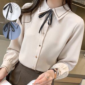 [퀸이즈] [~77까지]플로 리본 포인트 퍼프 블라우스