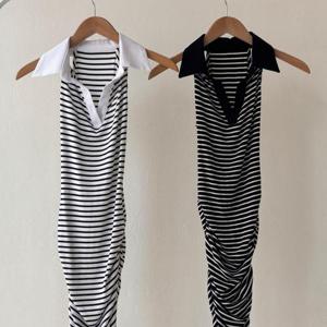 [옷자락] 여성 워터밤 단가라 민소매 카라 셔링 미니 원피스