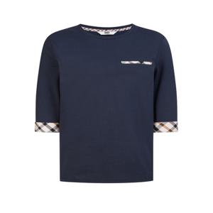 [스테디셀러]네이비 체크 배색 면혼방 7부 소매 티셔츠 (WKTS5BU01N2)