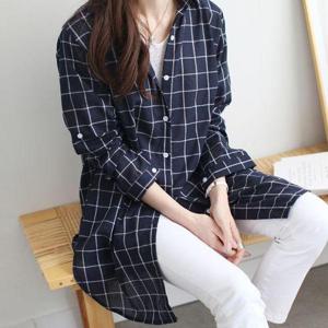 [하늘바라기]유즈 사각 체크 롱 남방