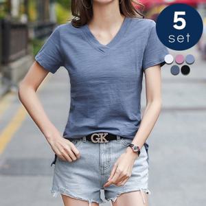 ★홈앤단독/5종SET★[유니제이] 코튼 브이넥 슬라브 반팔 티셔츠