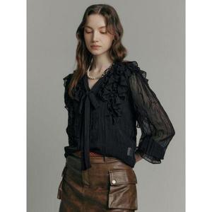 [마쟈]러플 볼륨소매 브이넥 쉬폰 블라우스