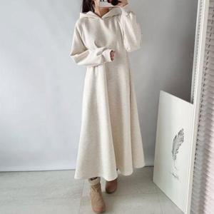 [유야]캐주얼 면 무지 후드 긴팔 플레어 롱 원피스 -OP0411H- 빅사이즈 루즈핏 여성 봄