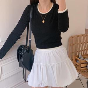 [옷자락] 여자 링거라운드 배색 크롭티 긴팔 슬림핏 봄 티셔츠