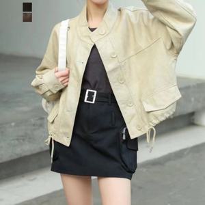 [퀸이즈] [~77까지]벨디 크롭 밑단 스트링 레더 자켓