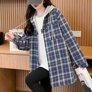 나바바 / NB2973 여성 캐주얼 레트로 체크 긴팔 후드 셔츠